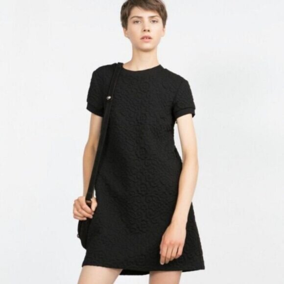 ZARA Floral Jacquard Embossed Mini Dress Soft Knit Black Sz M - Picture 1 of 12